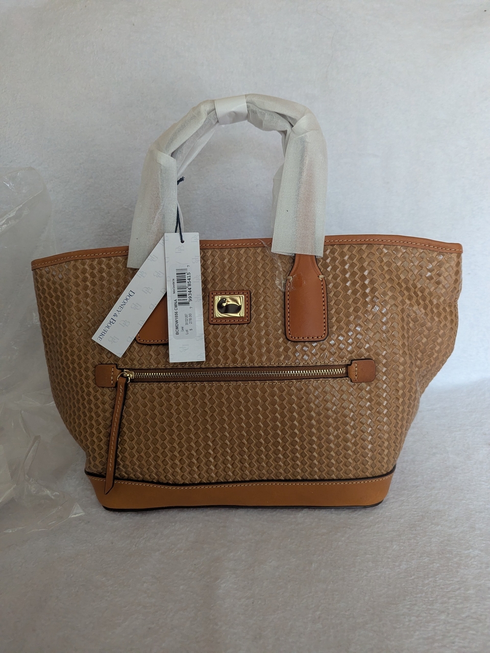 Tan Woven Tote Bag with Front Zip Pocket